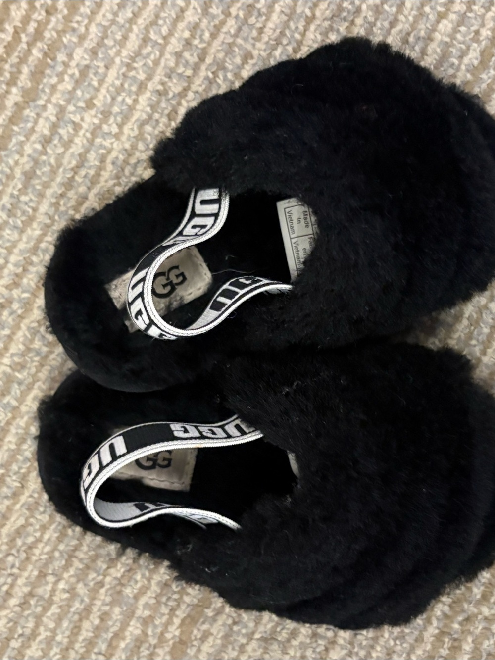 UGG Kids Black Plush Slide Slippers with Branded Heel Strap